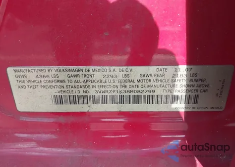 2008 Volkswagen Jetta Se/Sel z USA, uszkodzony, nr VIN 3VWRZ71K38M082799